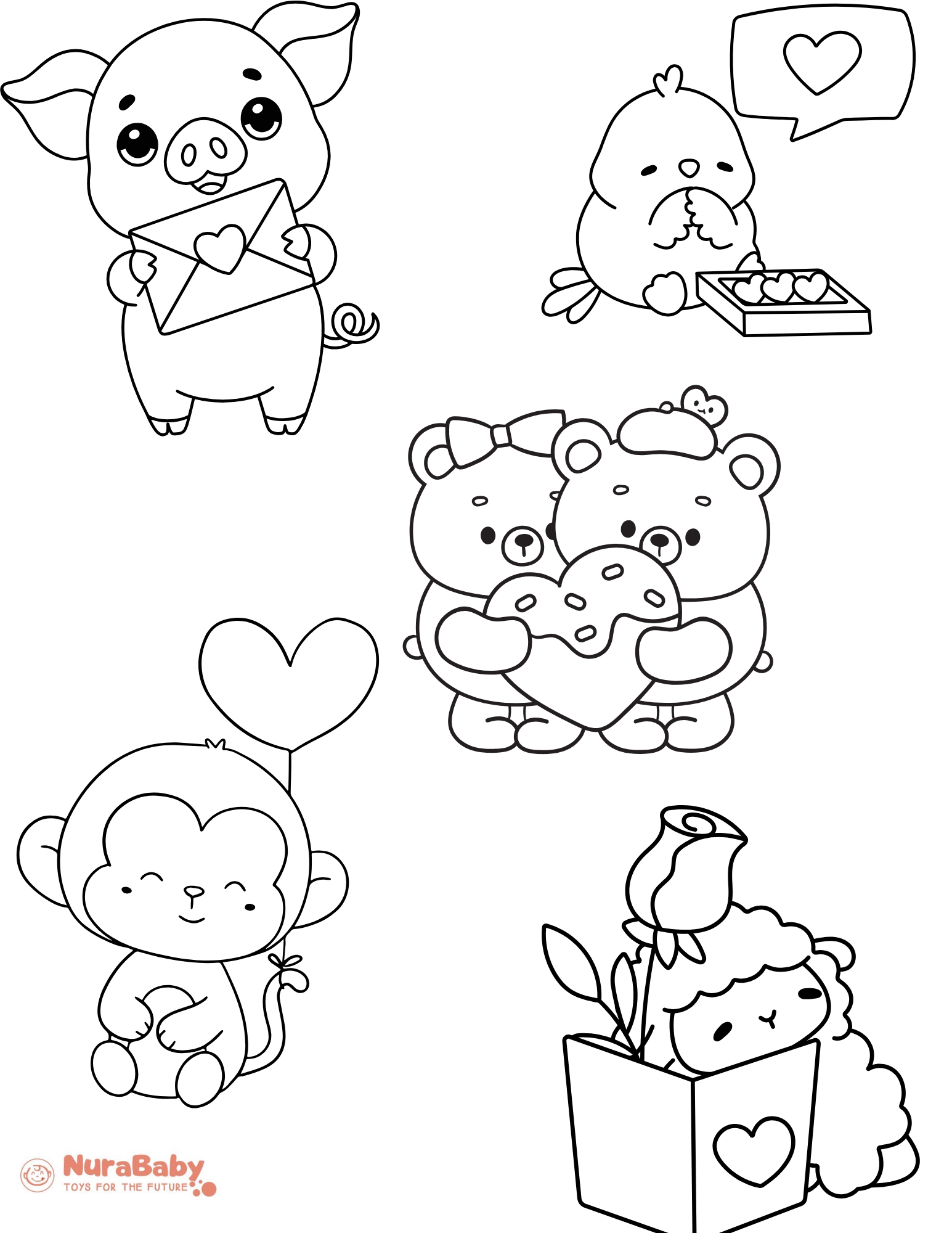 Cute Baby Animals Valentine Coloring