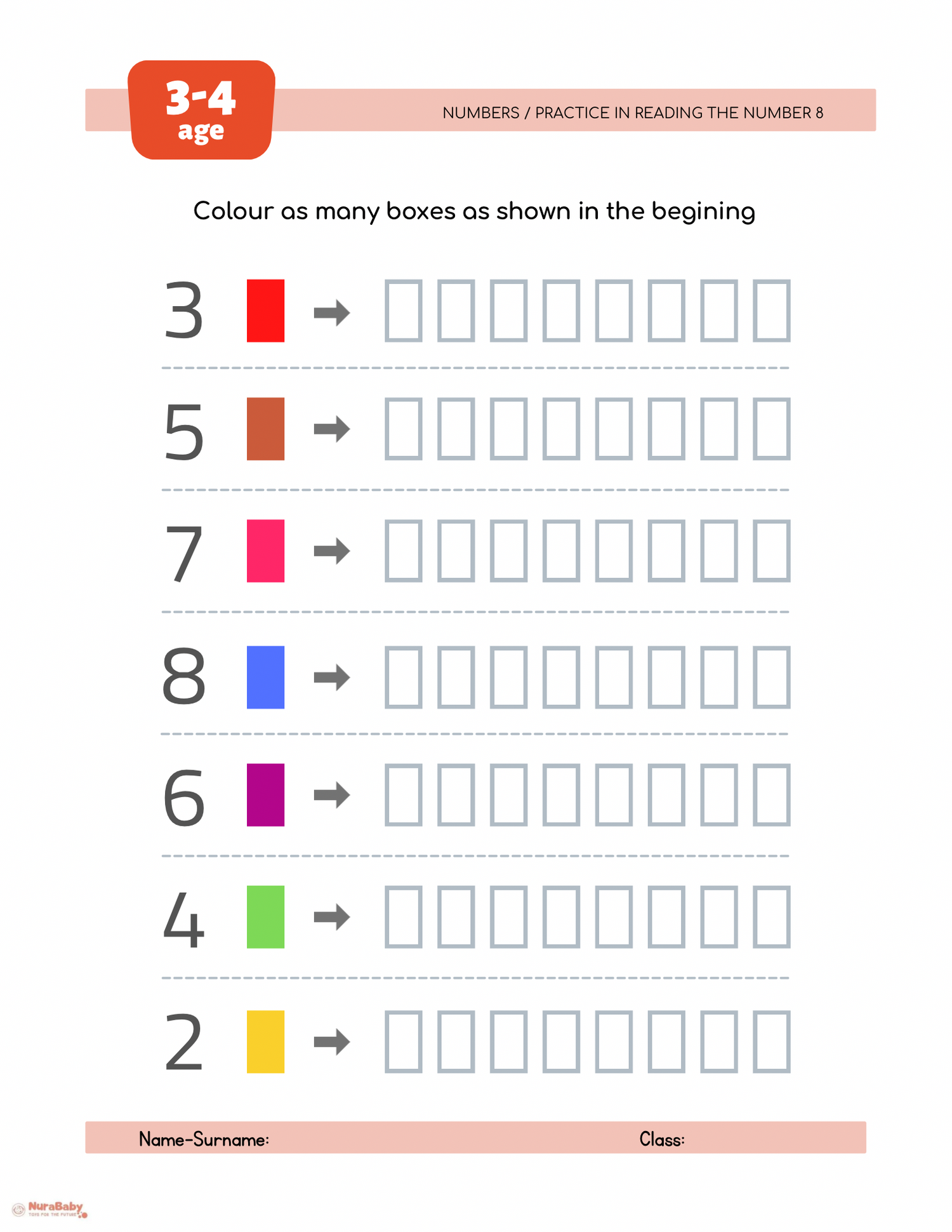 🧮 Fun Number Recognition Activity for Ages 3–4: “Color the Boxes!”