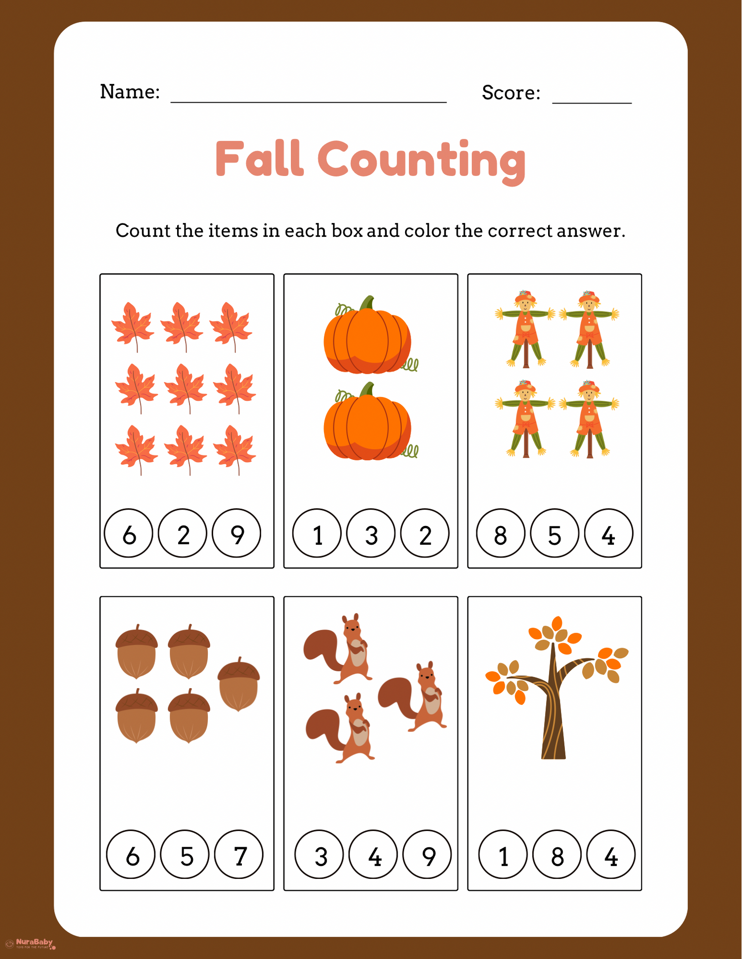 🍁 Fall Counting Worksheet for Preschoolers – Fun Autumn Math Activity!