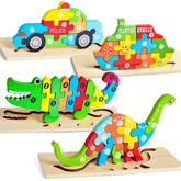 Fun Little Toys - 4-Pack Wooden Puzzles for Toddlers Age 2-4 Years Old