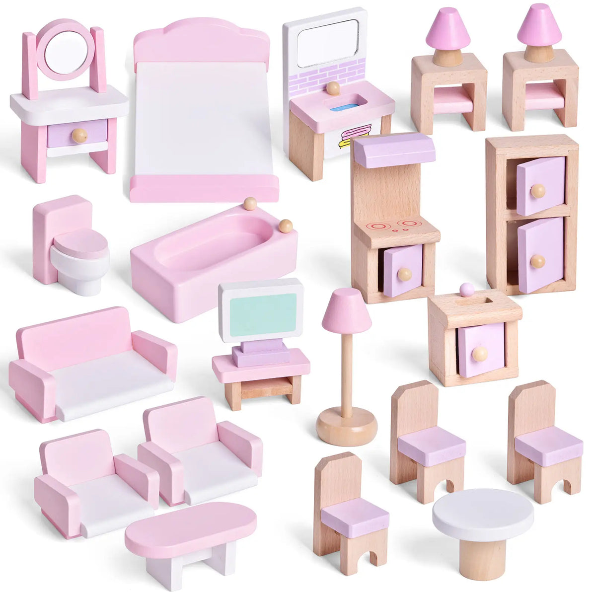 Wooden Dollhouse with Wooden Furniture 23 PCs Accessories