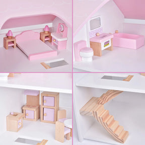 Wooden Dollhouse with Wooden Furniture 23 PCs Accessories