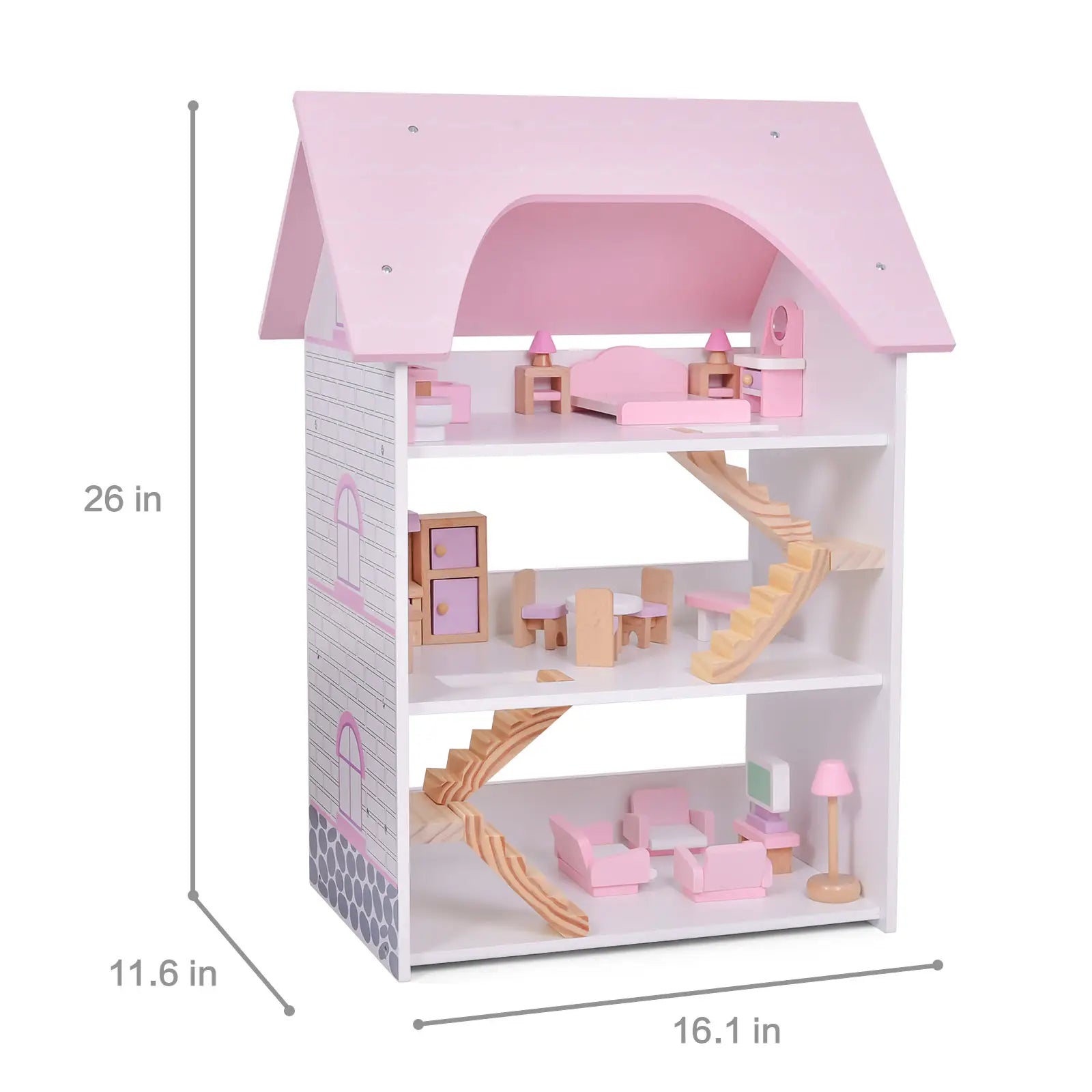 Wooden Dollhouse with Wooden Furniture 23 PCs Accessories