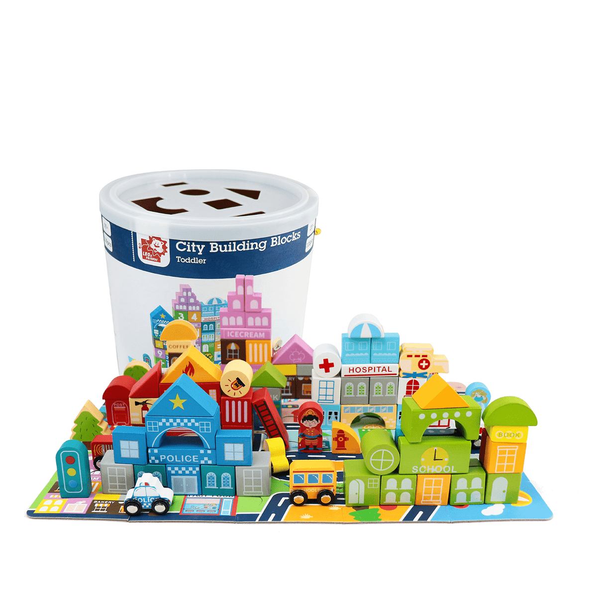 Wooden City Building Block Toy 100-Piece Set, City Construction Stacking Shape Recognition Set, with Buildings, Vehicles, Roads, People & More | Educational Kid’s Toy for Preschool or Presents