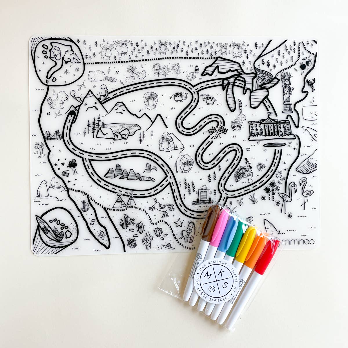 Miminoo - Silicone Reusable Coloring Tablemat for Kids - USA Map